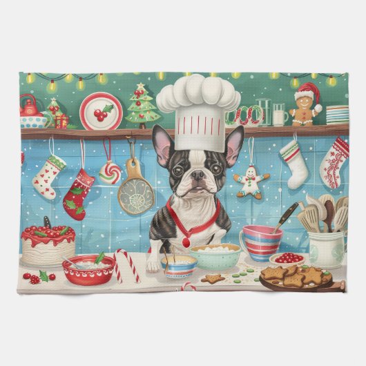 Boston Terrier Holiday Baking: Festliche Weihnacht Geschirrtuch (Horizontal)