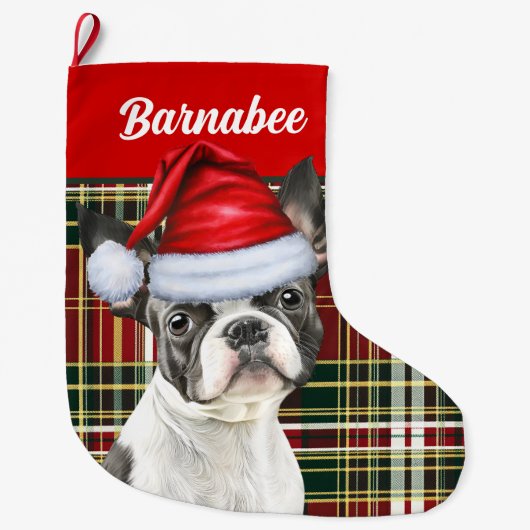 Boston Terrier Holiday Kariert und Hunde Name Großer Weihnachtsstrumpf (Vorderseite)