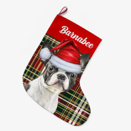 Boston Terrier Holiday Kariert und Hunde Name Großer Weihnachtsstrumpf