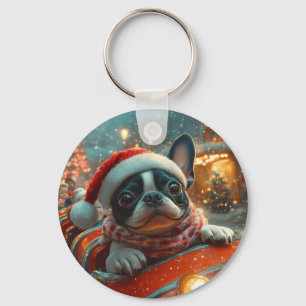 Boston Terrier Hund Achterbahn Weihnachten Schlüsselanhänger