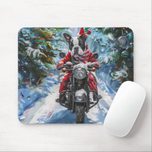 Boston Terrier Hund fährt Motorrad Weihnachten Mousepad