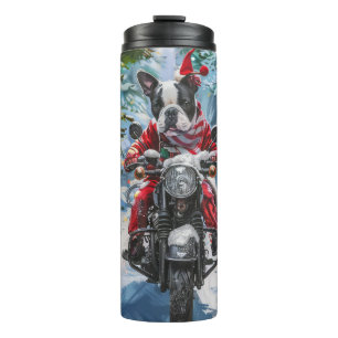 Boston Terrier Hund fährt Motorrad Weihnachten Thermosbecher