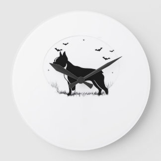 Boston Terrier Hund � Halloween Mond Silhouette Ov Große Wanduhr