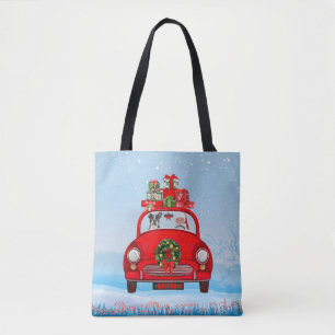Boston Terrier Hund im Auto mit dem Weihnachtsmann Tasche