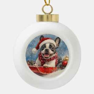 Boston Terrier Hund im Schlitten Lass es schneien  Keramik Kugel-Ornament