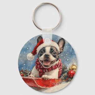 Boston Terrier Hund im Schlitten Lass es schneien  Schlüsselanhänger