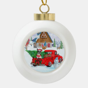 Boston Terrier Hund im Weihnachtslieferwagen Keramik Kugel-Ornament