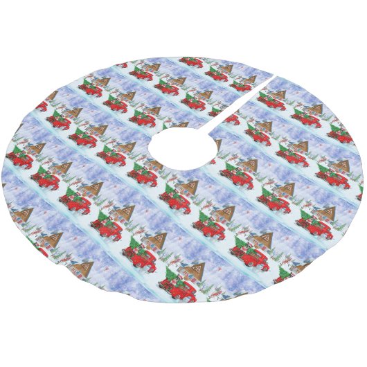 Boston Terrier Hund In Christmas Delivery Truck Polyester Weihnachtsbaumdecke (Schrägansicht)