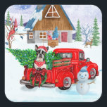 Boston Terrier Hund In Christmas Delivery Truck Quadratischer Aufkleber<br><div class="desc">Ein Hund,  der im Weihnachtslieferwagen sitzt und Weihnachtsbaum durch den Schnee transportiert,  ist eine Geschenkidee,  die jeder Hundefreund Liebe bekommt. Wenn Sie Liebe oder besitzen diese Hunderasse,  dann ist es ein großes Geschenk für Ihr Selbst,  Ihre Liebe für Ihr Haustier zu zeigen.</div>