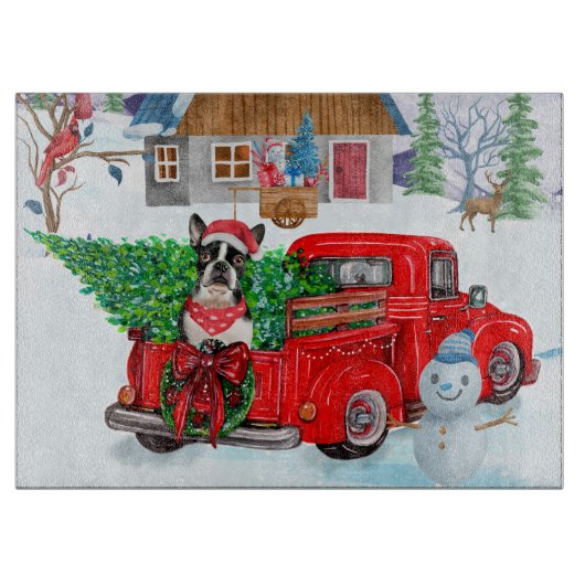 Boston Terrier Hund In Christmas Delivery Truck Schneidebrett (Vorderseite)