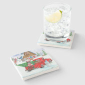 Boston Terrier Hund In Christmas Delivery Truck Steinuntersetzer (Seitenansicht)