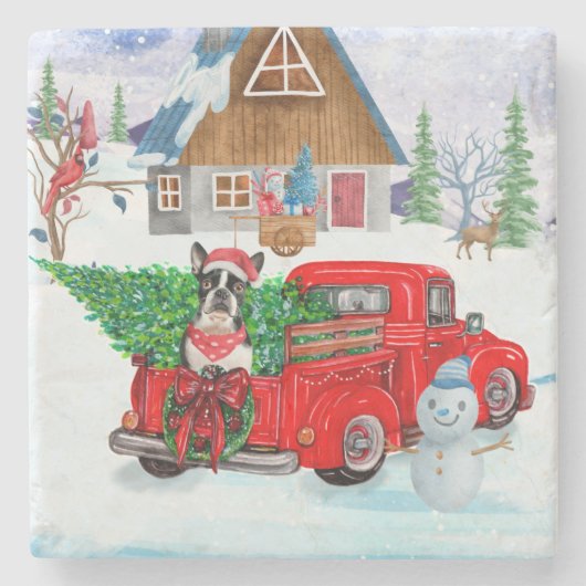 Boston Terrier Hund In Christmas Delivery Truck Steinuntersetzer (Vorderseite)