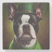 Boston Terrier Hund in St. Patrick's Day Dress Steinuntersetzer (Vorderseite)