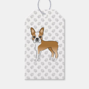 Boston-Terrier-Hund mit Rehfarbenem Fell und Weiße Geschenkanhänger