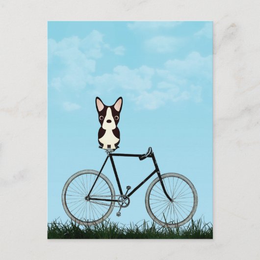 Boston Terrier Hund sitzt auf Vintagem Fahrrad Postkarte (Vorderseite)