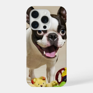 Boston Terrier Hund spielt mit Spielzeugen iPhone 15 Pro Hülle