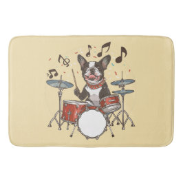 Boston Terrier Hund spielt Schlagzeug Badematte