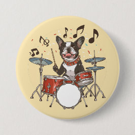 Boston Terrier Hund spielt Schlagzeug Button