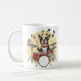 Boston Terrier Hund spielt Schlagzeug Kaffeetasse