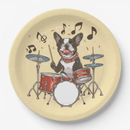 Boston Terrier Hund spielt Schlagzeug Pappteller