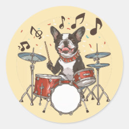 Boston Terrier Hund spielt Schlagzeug Runder Aufkleber