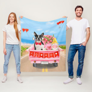 Boston Terrier Hund Valentinstag Lastwagen Herzen Fleecedecke