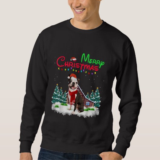 Boston Terrier Hund Weihnachtsmannmütze Weihnachts Sweatshirt (Vorderseite)