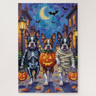 Boston Terrier Hunde beim Trick-or-Treat an Hallow Puzzle