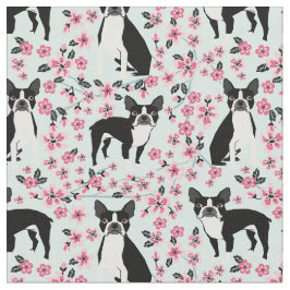 Boston Terrier Hunde Kirschen Blüten hellblau Stoff