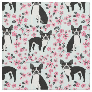Boston Terrier Hunde Kirschen Blüten hellblau Stoff