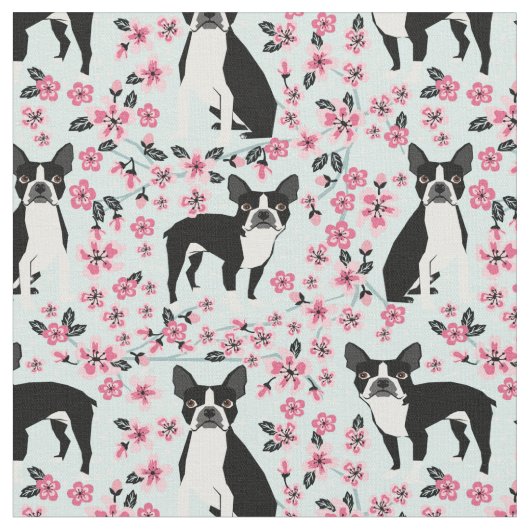 Boston Terrier Hunde Kirschen Blüten hellblau Stoff (Nahaufnahme)