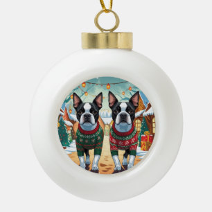 Boston Terrier Hunde Weihnachten Schnee Urlaub Keramik Kugel-Ornament