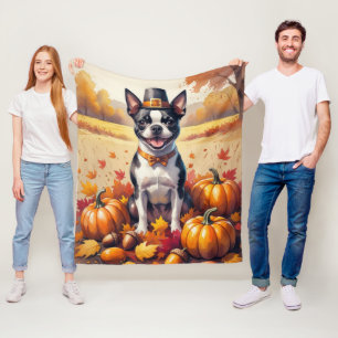 Boston Terrier im Herbst hinterlässt Erntedank Art Fleecedecke