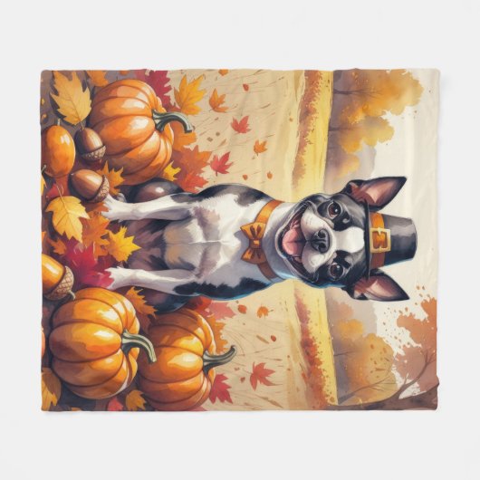 Boston Terrier im Herbst hinterlässt Erntedank Art Fleecedecke (Vorderseite (Horizontal))