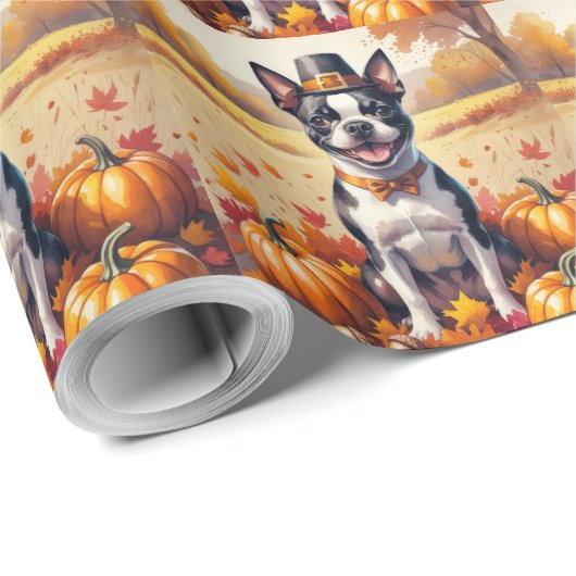 Boston Terrier im Herbst hinterlässt Erntedank Art Geschenkpapier (Rolleneckpunkt)