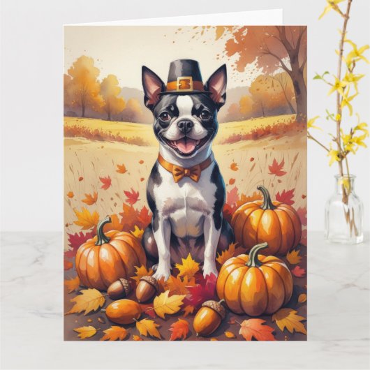 Boston Terrier im Herbst hinterlässt Erntedank Art Karte (Gelbe Blume)