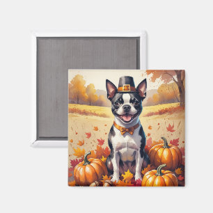 Boston Terrier im Herbst hinterlässt Erntedank Art Magnet