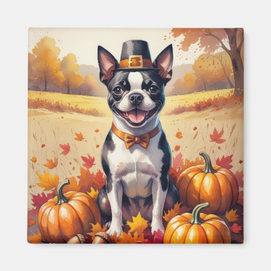 Boston Terrier im Herbst hinterlässt Erntedank Art Magnet (Vorne)