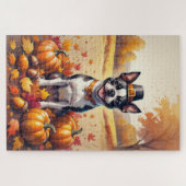 Boston Terrier im Herbst hinterlässt Erntedank Art Puzzle (Horizontal)