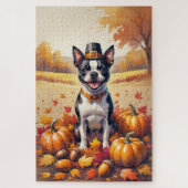 Boston Terrier im Herbst hinterlässt Erntedank Art Puzzle (Vertikal)