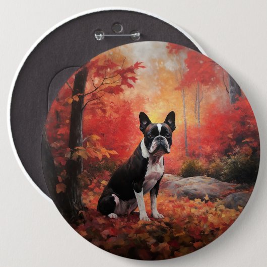 Boston Terrier im Herbst Leaves Fall Inspiriert Button (Vorne & Hinten)