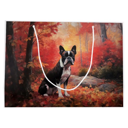 Boston Terrier im Herbst Leaves Fall Inspiriert Große Geschenktüte (Rückseite)