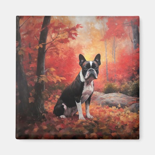 Boston Terrier im Herbst Leaves Fall Inspiriert Magnet (Vorne)