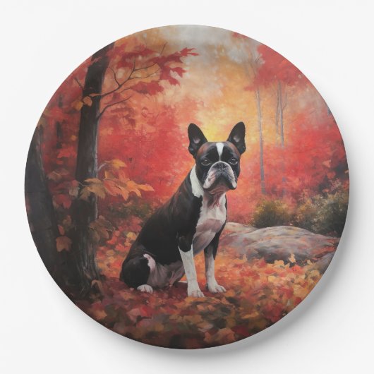 Boston Terrier im Herbst Leaves Fall Inspiriert Pappteller (Vorderseite)