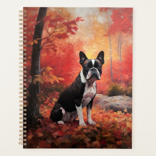 Boston Terrier im Herbst Leaves Fall Inspiriert Planer (Vorderseite)