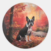 Boston Terrier im Herbst Leaves Fall Inspiriert Runder Aufkleber (Vorderseite)