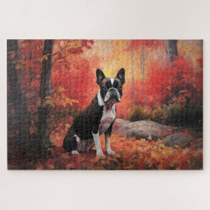 Boston Terrier im Herbstlaubfall inspiriert Puzzle