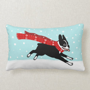 Boston Terrier im roten Schal an Weihnachten Lendenkissen