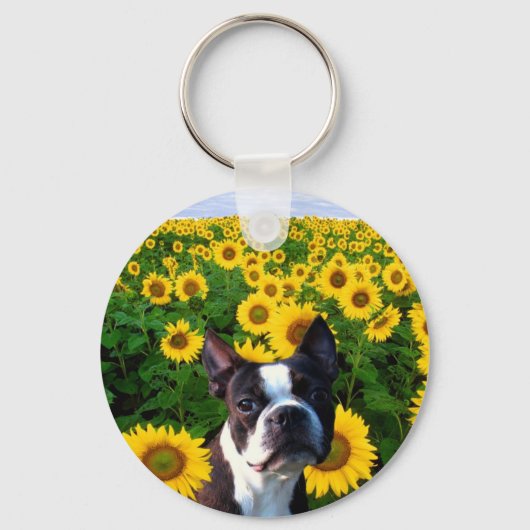 Boston Terrier im Schlüsselanhänger Sunflowers (Vorderseite)