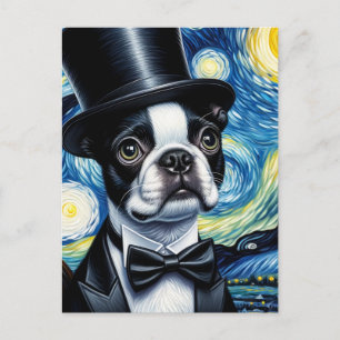 Boston Terrier in einem Tophat Van Gogh Postkarte